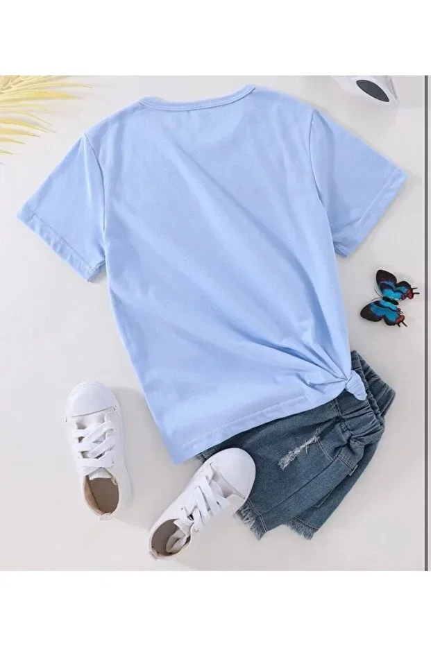 Детская футболка для девочек с принтом Baby Blue Flowers Dreams Butterfly Morning Kids, Babyblue — фото 3