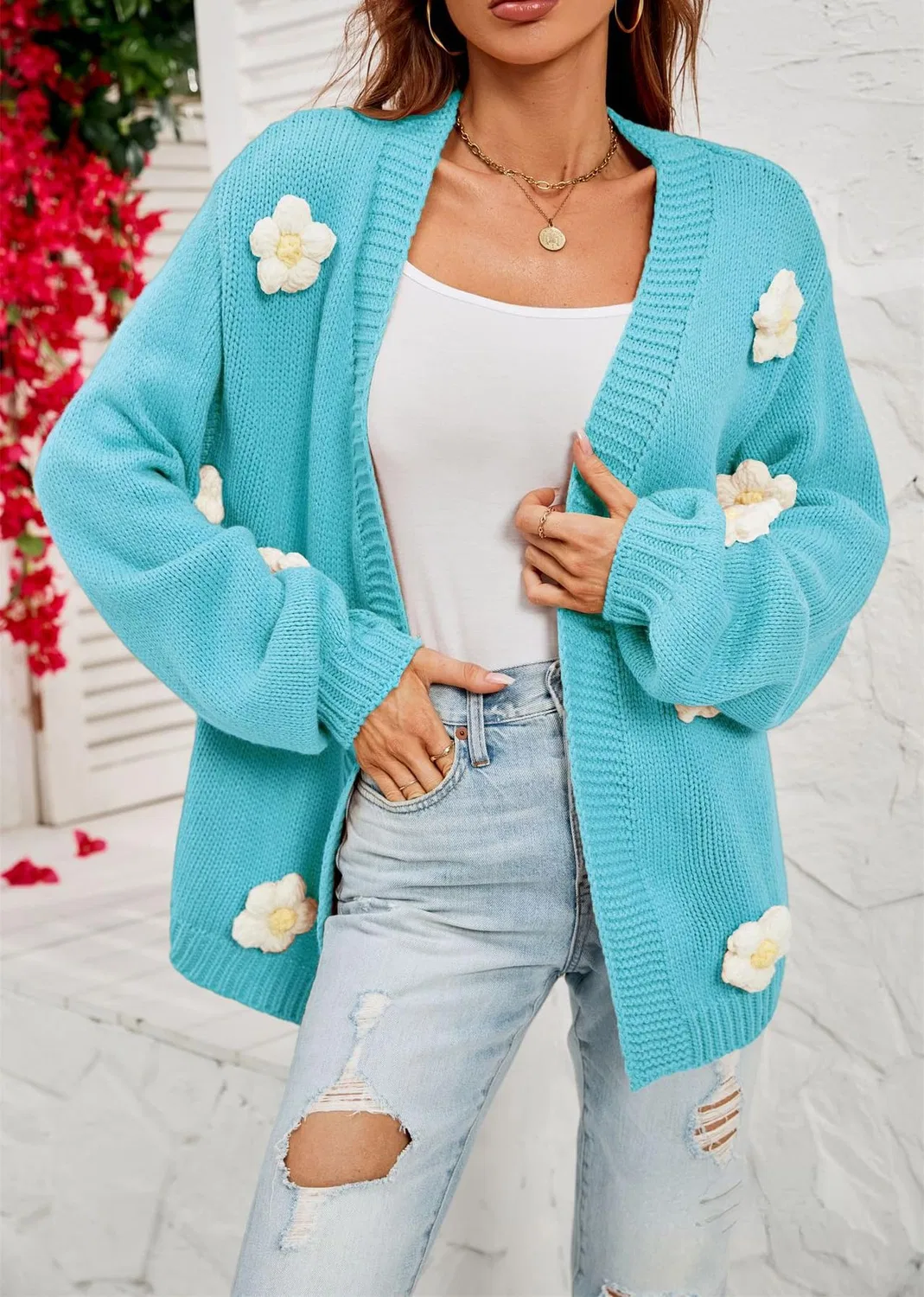 Женский кардиган с цветочным принтом, укороченный, с открытым передом, Vintage Preppy Aesthetic, Blu — фото 3