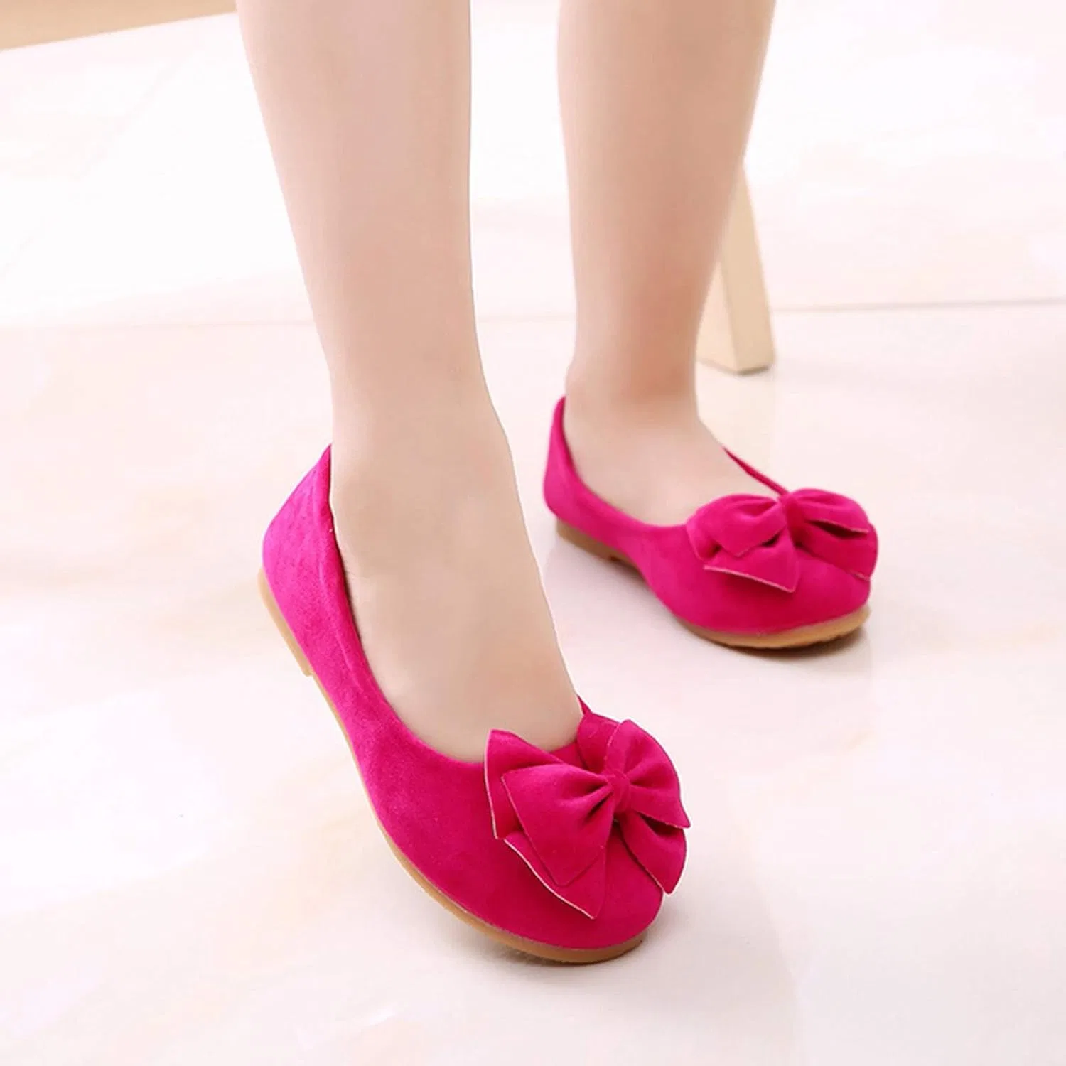 Детские балетки для девочек с бантом из замши, Hot Pink — фото 3