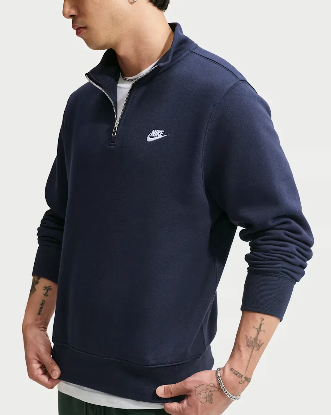 Мужская флисовая толстовка с застежкой-молнией до половины Nike Sportswear Club, Obsidian/Obsidian/White — фото 3