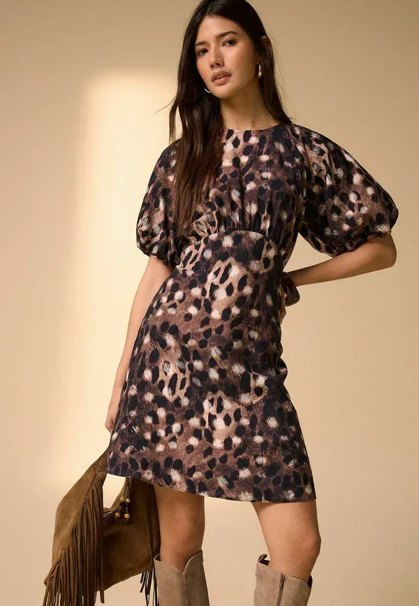 Платье мини с коротким рукавом Regular fit puff sleeve mini dress Next, Animal print, животный принт