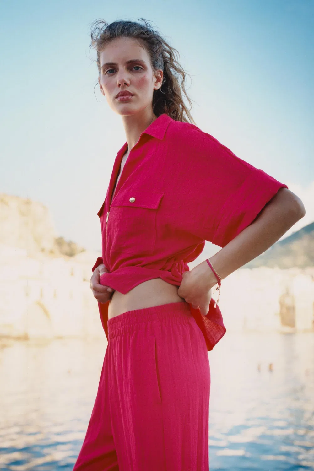 Рубашка в стиле сафари с поясом-галстуком ZARA, Fuchsia — фото 3