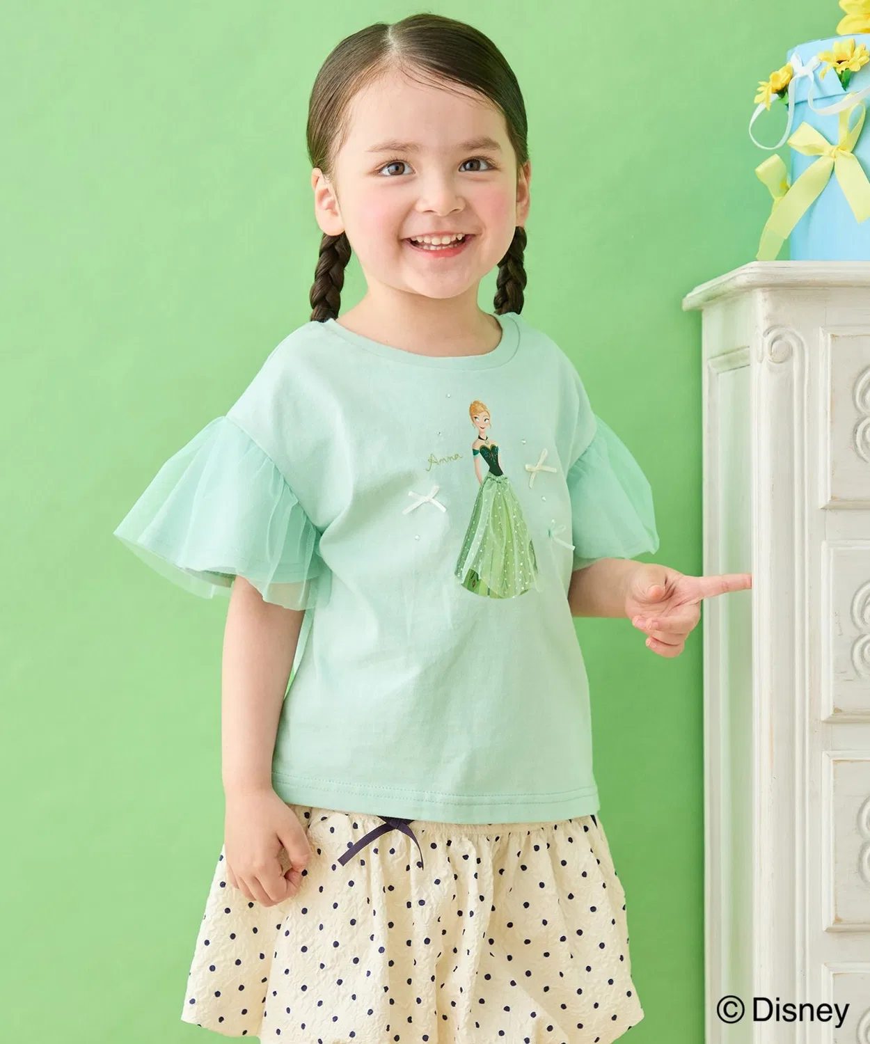 Детская футболка с принтом и рукавом-фонарик, модель Anna/Elsa Disney, Light Green