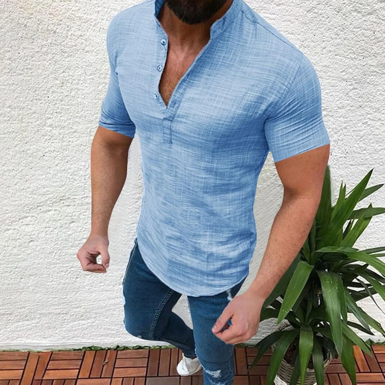 Мужская футболка с воротником-стойкой из льна, Lightweight, Blue — фото 2