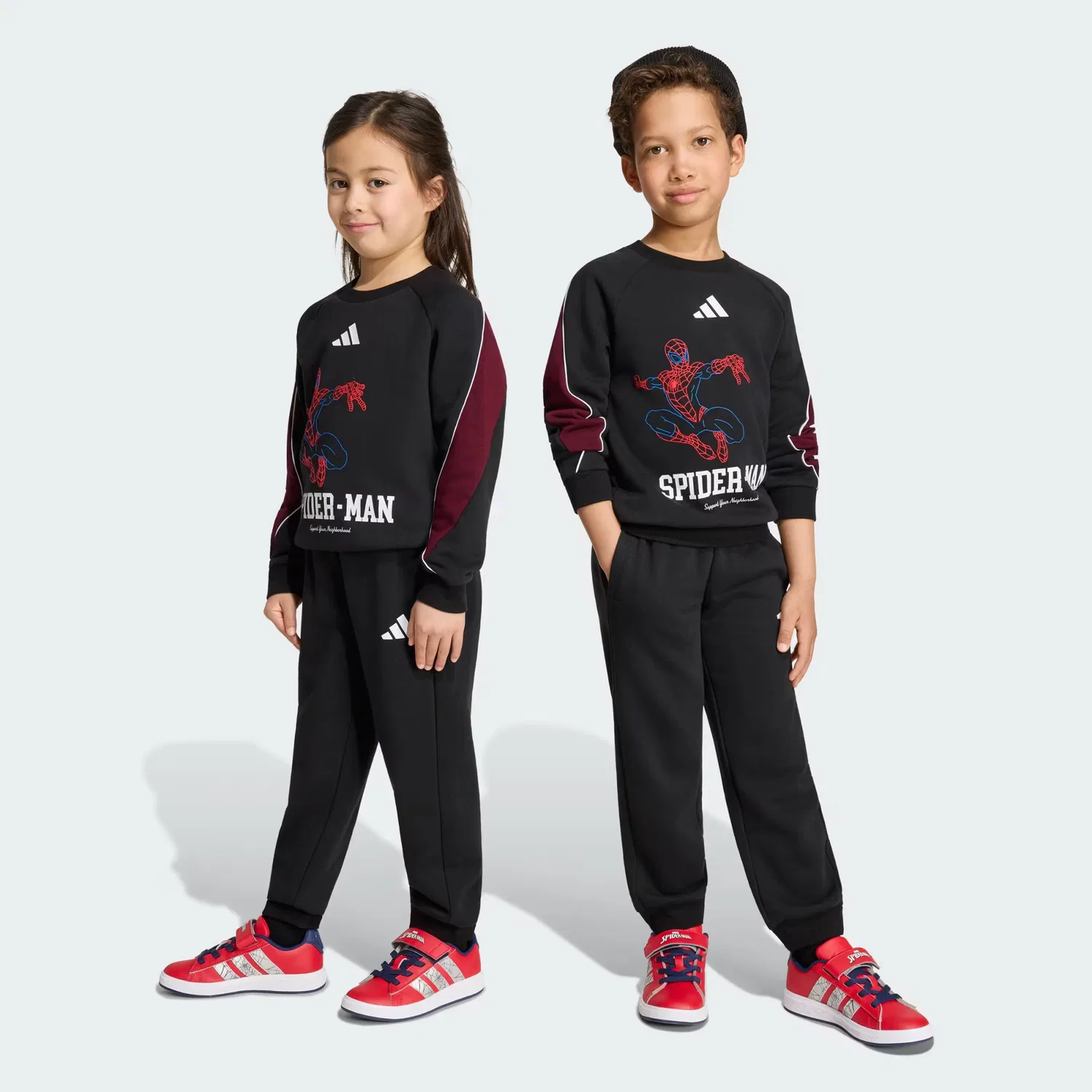 Детские спортивные штаны для мальчиков из мягкого футера Marvel Spider-Man Adidas Sportswear, черный/белый/бордовый