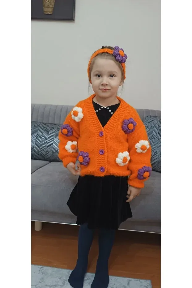 Детский кардиган для девочек с принтом Hand knitted flowery girl's cardigan El Örgüsü Cici Bebe, Orange — фото 3