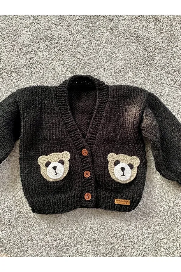 Детский кардиган для мальчиков с принтом Hand Knitted Cute Teddy Bear Detailed Nevalin, Black