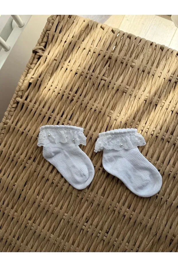 Детские носки для девочек с кружевом Lace detailed pearl baby girl socks Myluni, Белый — фото 2