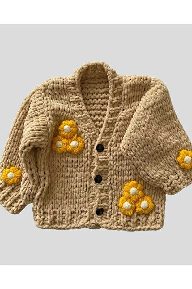 Детский кардиган для девочек с флористическим принтом Handmade thick knitted children's cardigan Oem, Beige