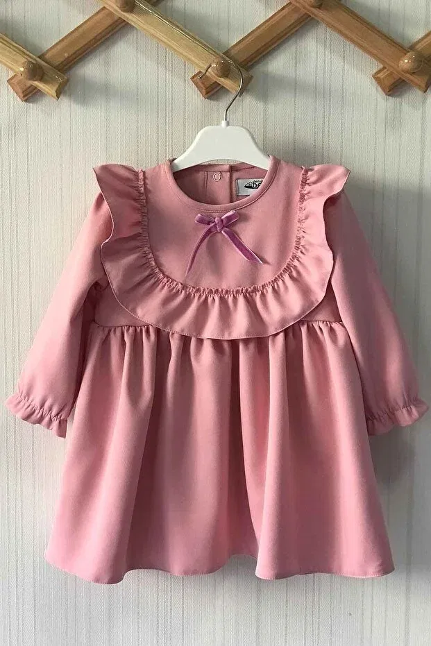 Детское платье для девочек с длинным рукавом Ruffle and ribbon detailed design Bertuğ Bebek, Pudded Pink