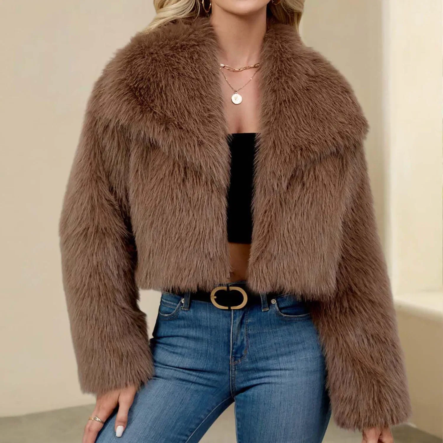 Женское пальто из искусственного меха с длинным рукавом, с принтом, модель Faux Fur Jackets, Marrone B — фото 3