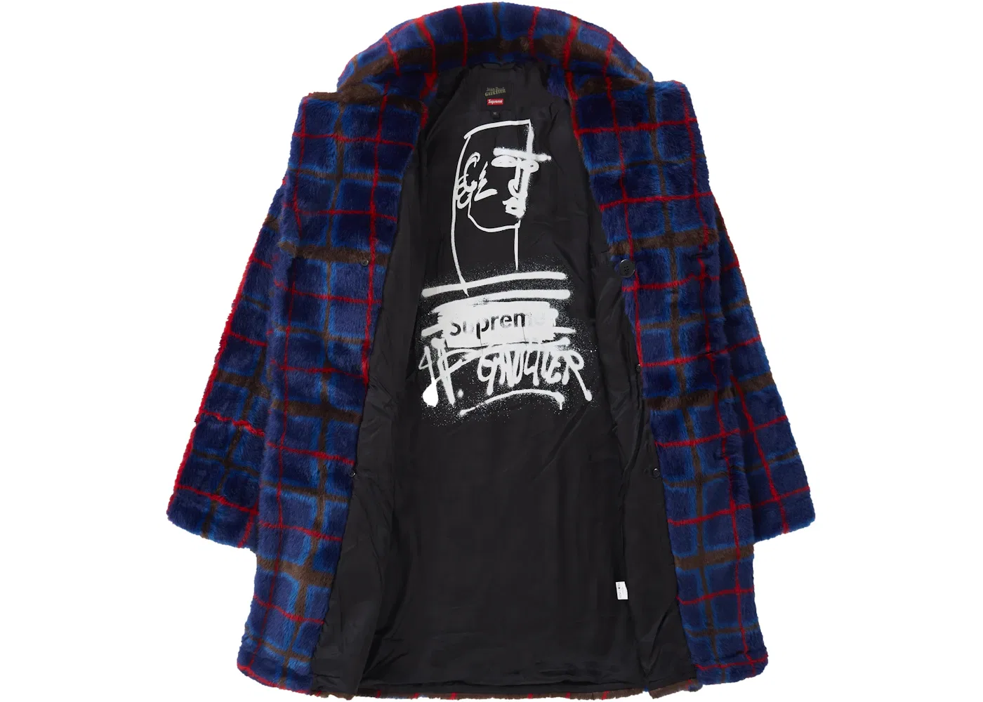 Мужское пальто из искусственного меха с принтом в клетку Supreme Jean Paul Gaultier Double Breasted Plaid Faux Fur Coat, Blue — фото 2
