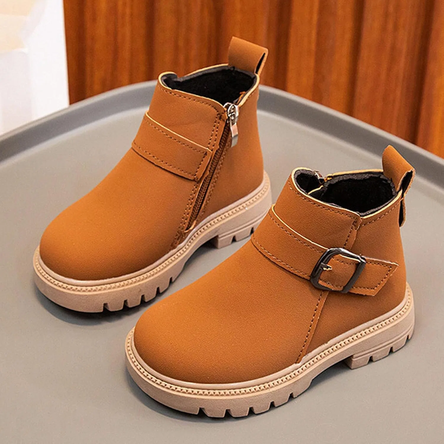 Детские зимние ботинки для девочек и мальчиков с боковой молнией SHOPESSA, Khaki — фото 3