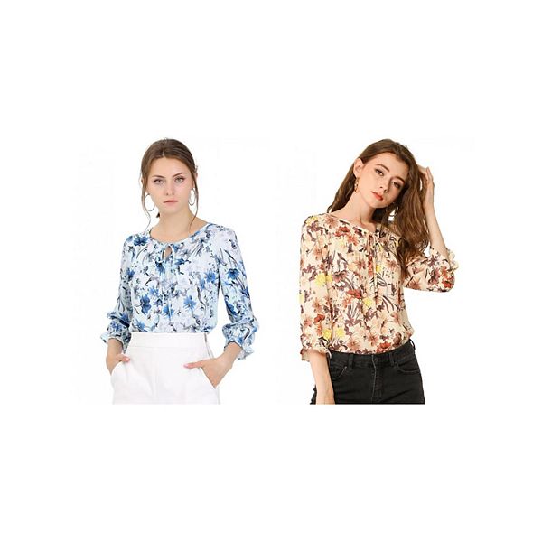 

2 упаковки женских блузок с цветочным принтом и бантом на воротнике Inspire Chic, Blue Beige