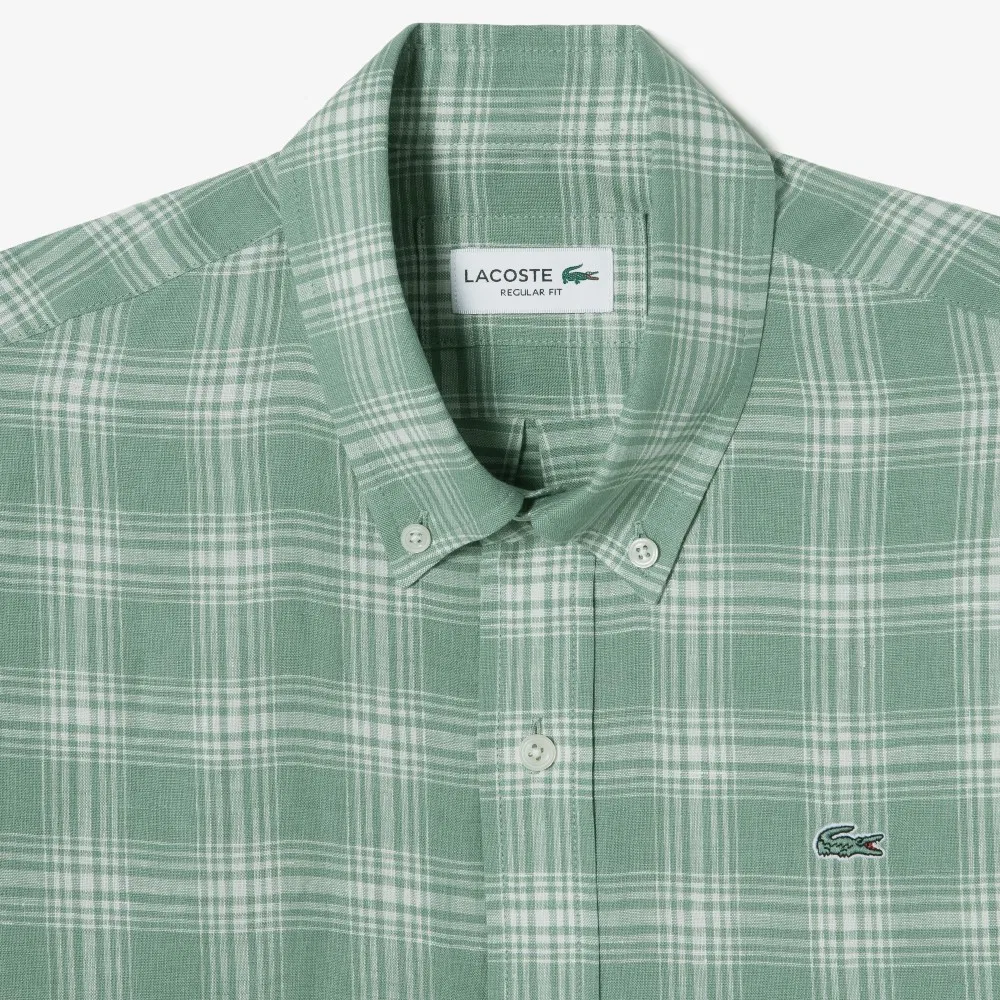 Мужская льняная рубашка в крупную клетку зелёного цвета от Lacoste — фото 2