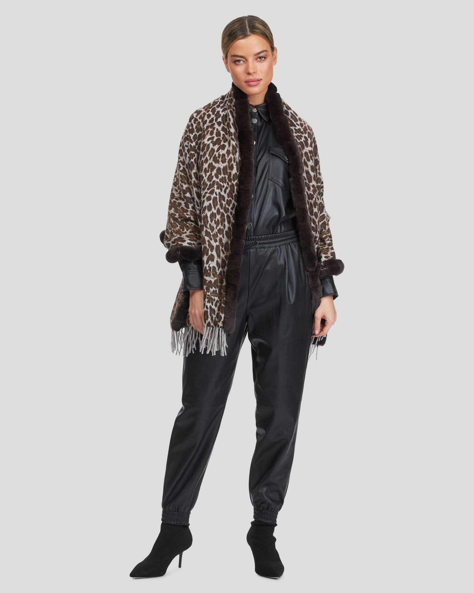 

Двусторонний кашемировый палантин с отделкой из меха кролика Рекс Gorski, цвет brown animal print/houndstooth