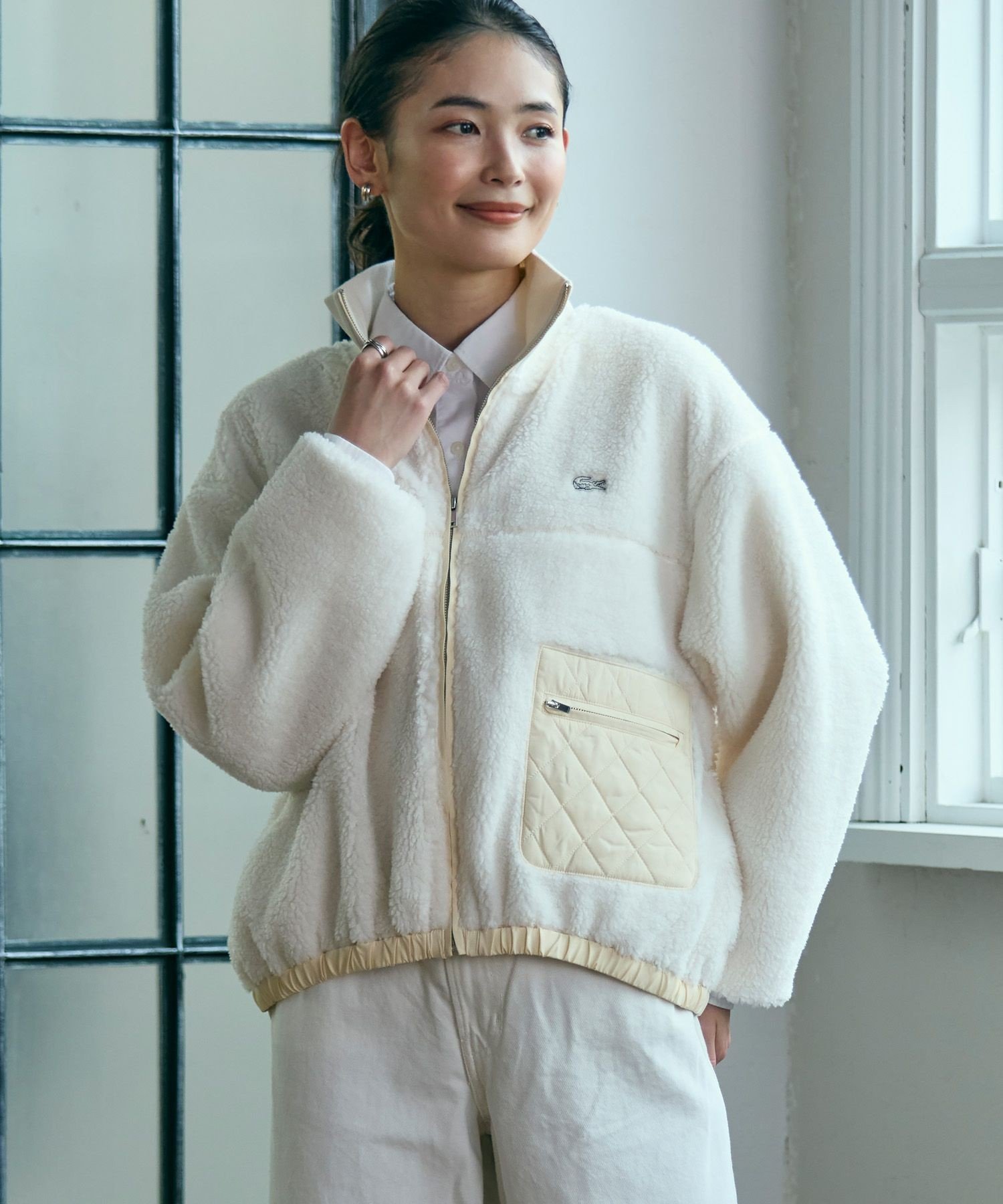 Куртка-бомбер LACOSTE Ivory, воротник-стойка, бежевый