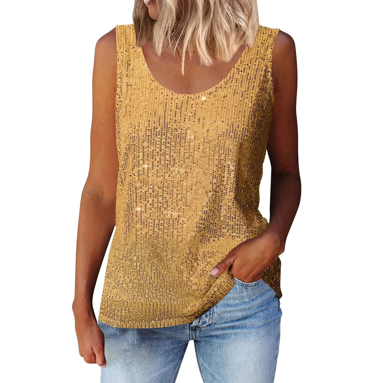 Женская туника без рукавов с блестками Sparkly Elegant Loose Sleeveless Tunic Top, Gold