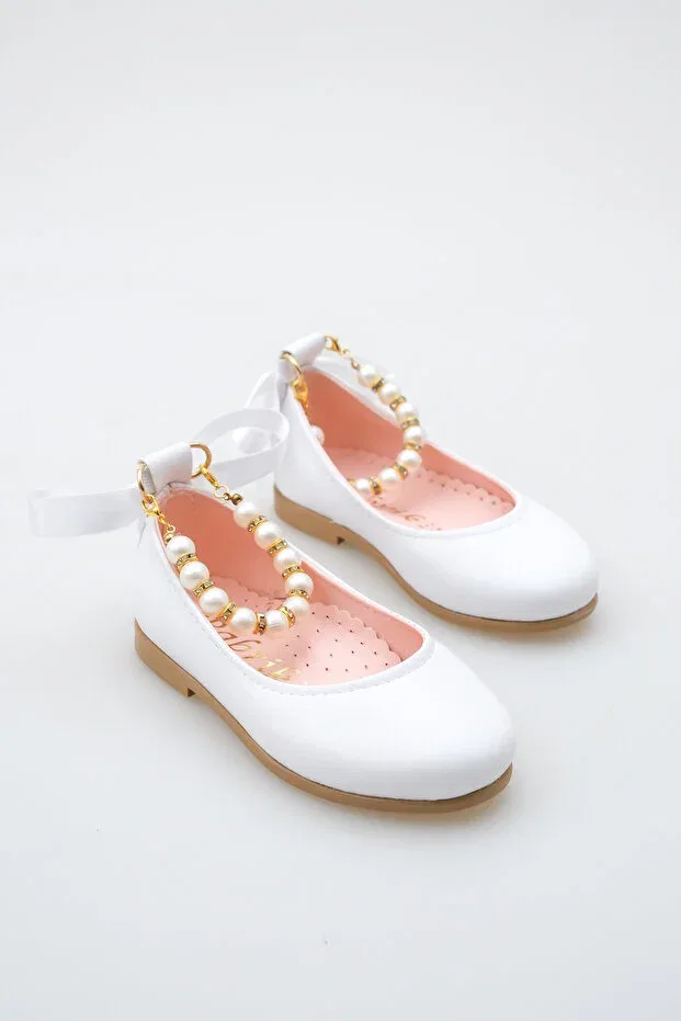 Детские балетки для девочек с жемчугом Shiny White Ankle Pearl Detailed Girls' Ballerinas With Bow Ribbon Kateyler, Bright White — фото 3