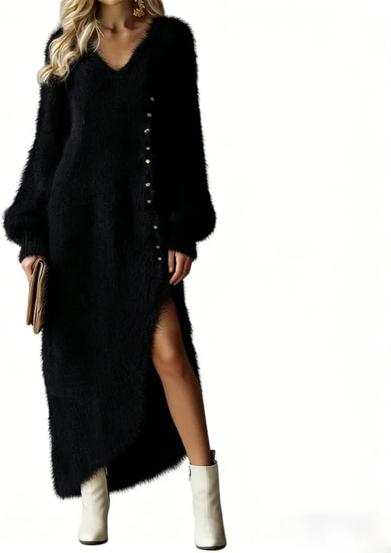 Женское платье из футера с V-образным вырезом, Fuzzy Sweater Dress, чёрный — фото 4