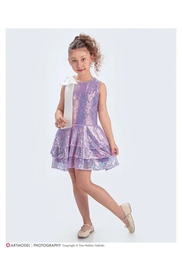 Детское платье для девочек с пайетками Collar bow sparkling sequin fabric girls' evening dress Esterella, Lila
