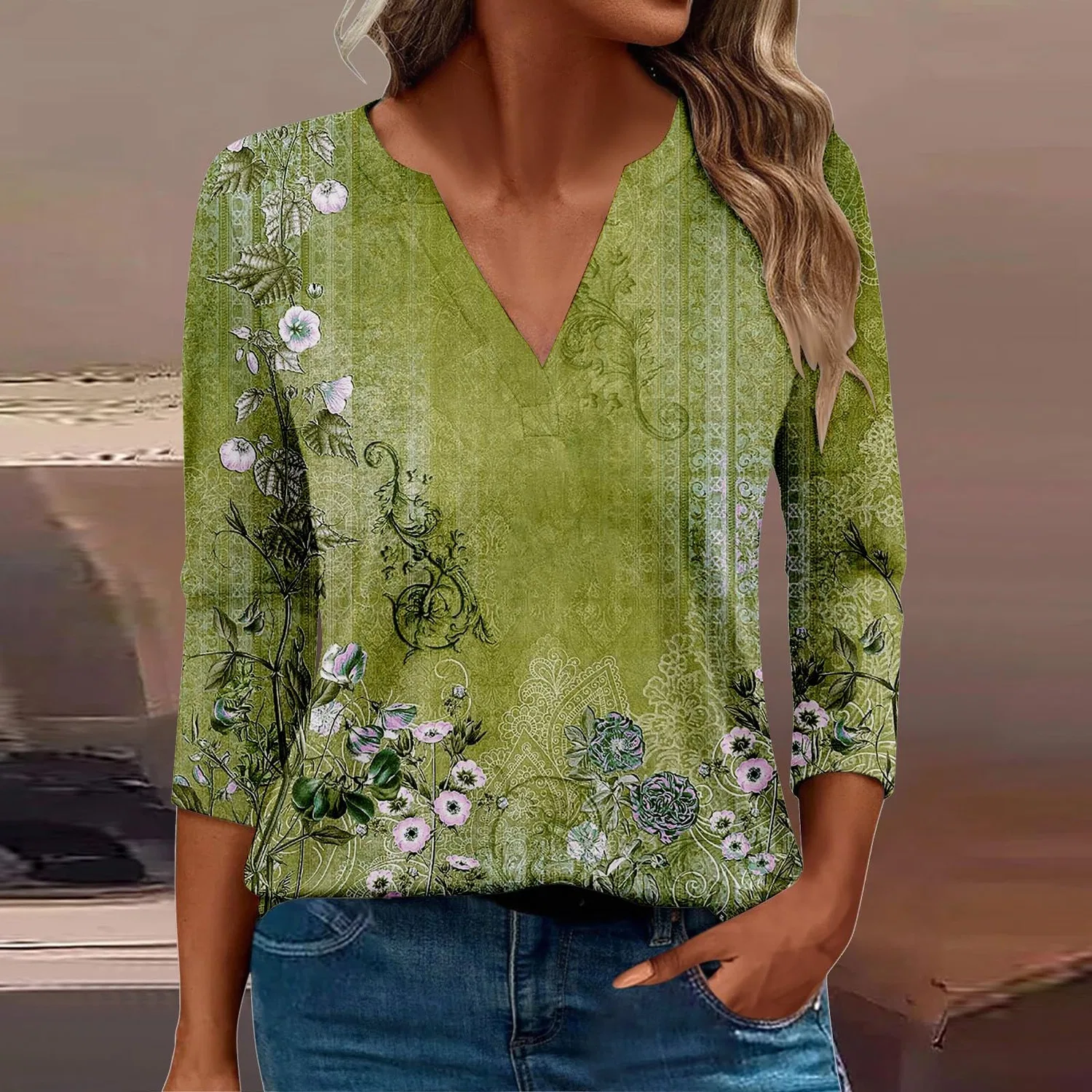Женская блуза с принтом Women Blouses 3/4 Sleeve V Neck Casual Elegant Summer Boho Floral Print Blouses, 28#verde Militare — фото 2