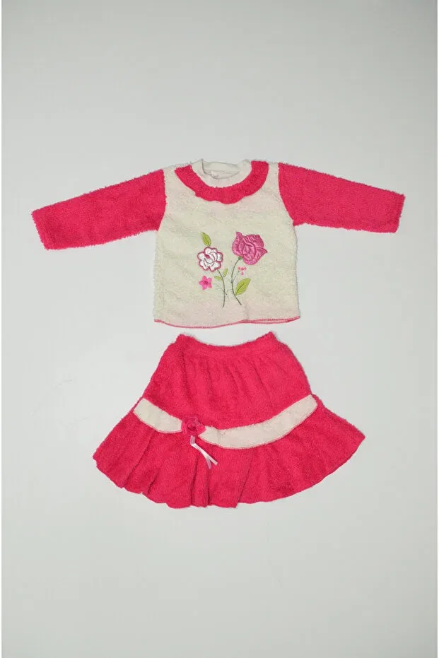 Детский комплект для девочек из футера с принтом Winter welsoft fabric floral embroidery embroidered skirt and crew neck baby girl set Baby Slon Kids Clup, Fuchsia