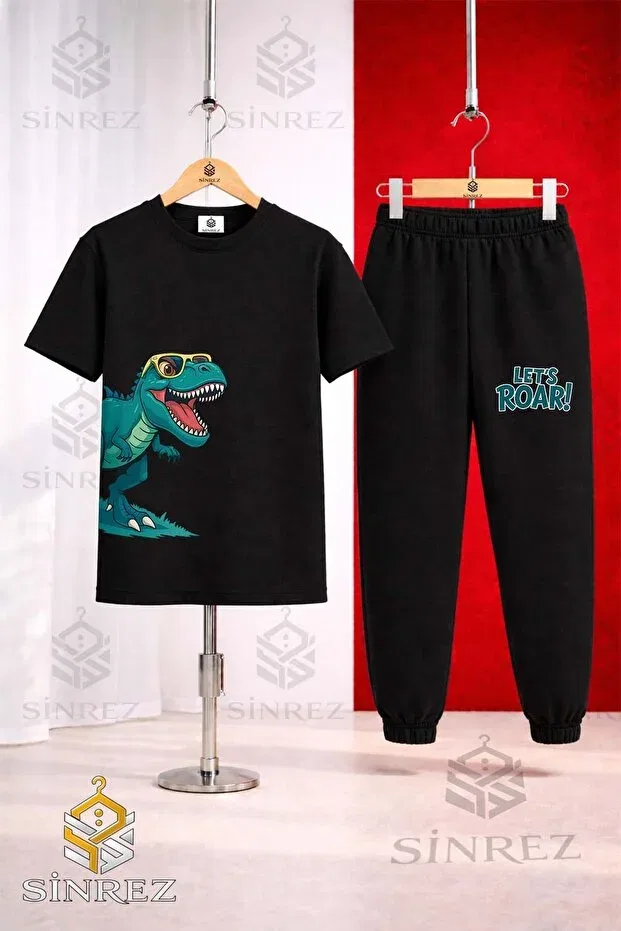 Детский комплект из футболки и спортивных штанов с принтом Unisex kids dinosaur with glasses green side printed t-shirt and sweatpants set Sinrez, Black