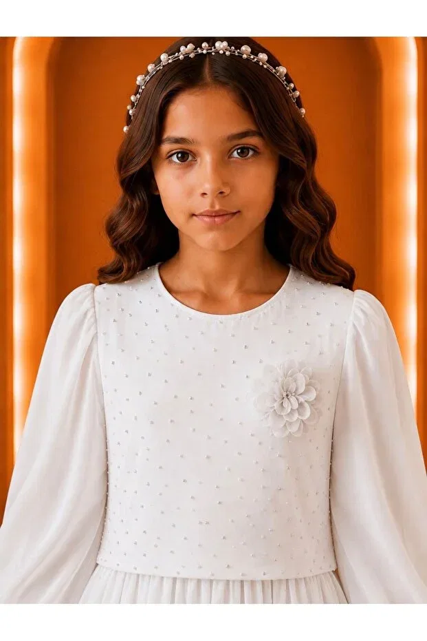 Детское платье для девочек с длинным рукавом Esmagül Kids, White — фото 3