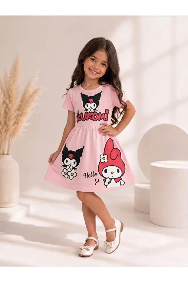 Детское платье для девочек с принтом Kuromi Printed Kidspitircik, Open Pink