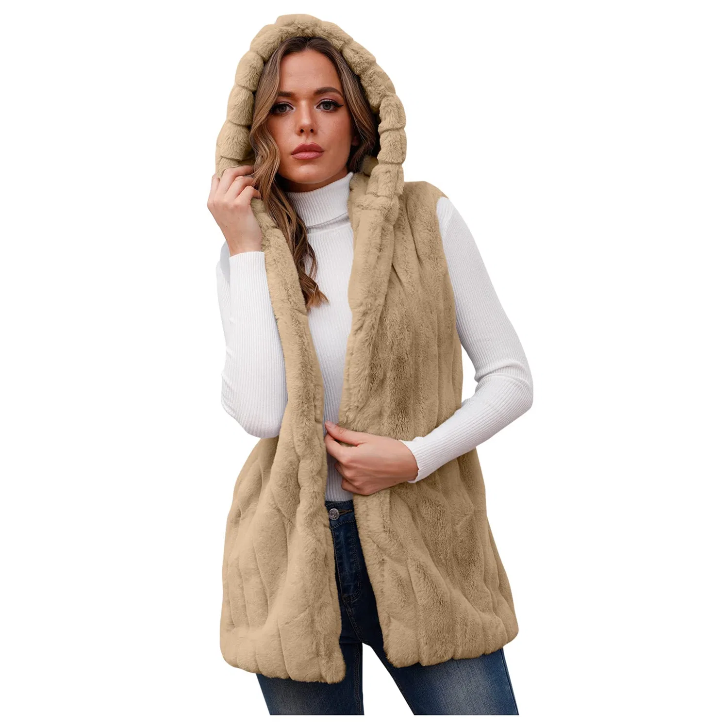Женский жилет из искусственного меха с капюшоном, beige