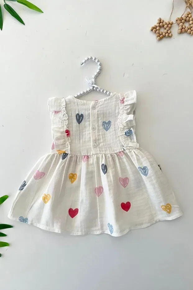 Детское платье для девочек хлопковое My Little Baby Girl's Muslin Colored Heart Printed Bow Minigimin Cicileri, White — фото 2
