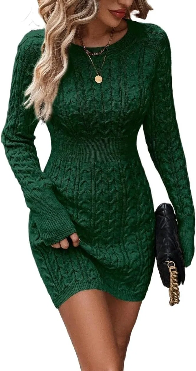 Женское короткое платье-свитер с кабельной вязкой, Dark Green