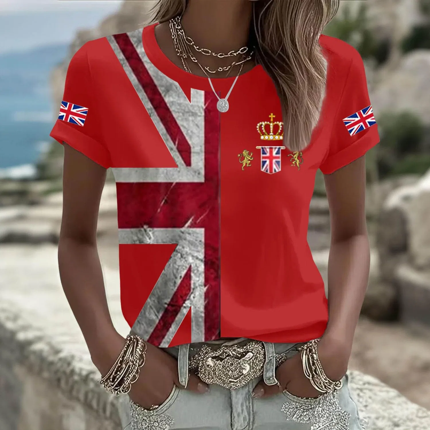 Женская футболка с принтом England Union Jack Flag, летняя, с коротким рукавом, Red — фото 2