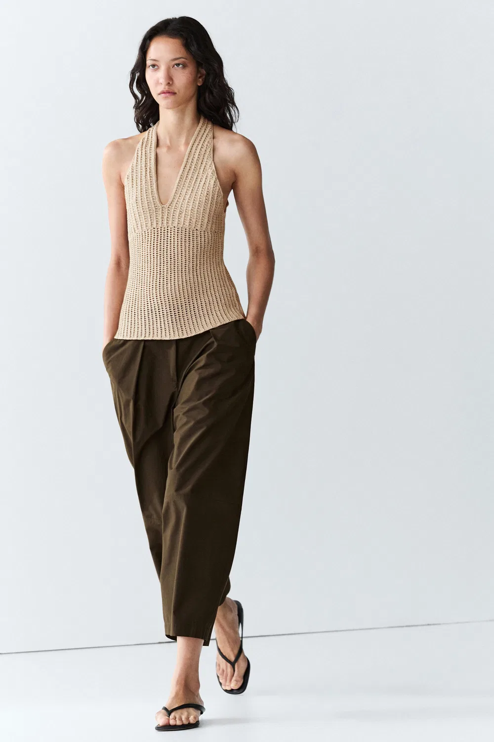 Топ Massimo Dutti Cotton Crochet Knit, бежевый — фото 4