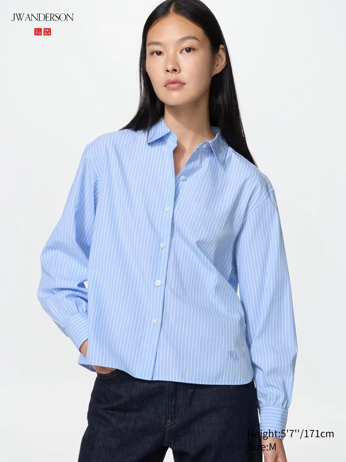 Рубашка Uniqlo, хлопковая в полоску, с объемными рукавами, синий