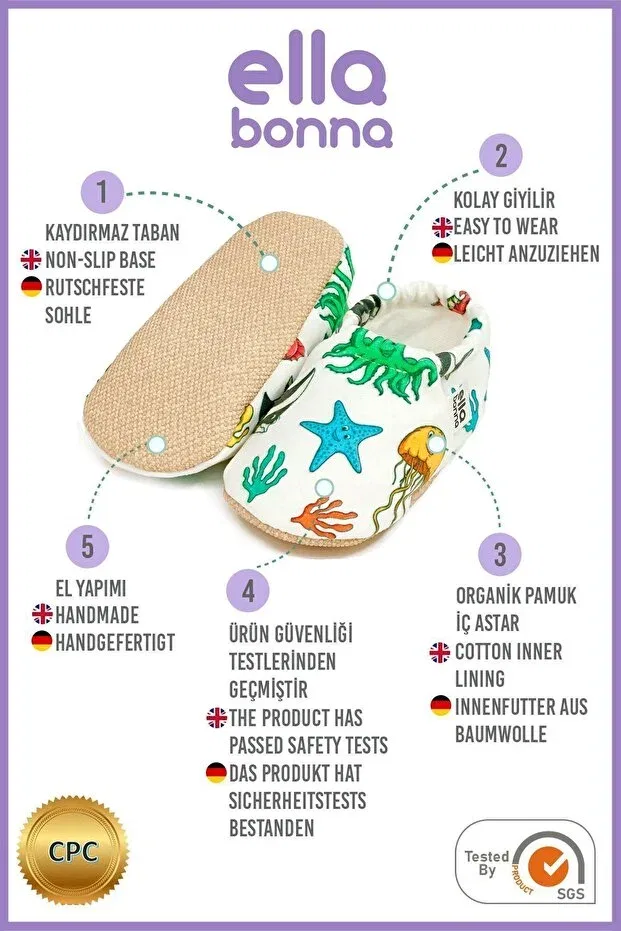 Детские пинетки-тапочки с принтом Non-Slip sole sea animals baby booties Ella Bonna, Sea Animals — фото 4