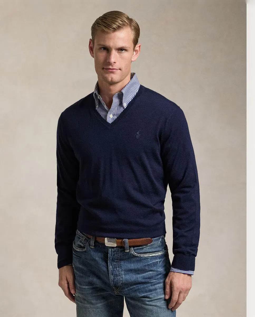 Мужский джемпер из шерсти, Cuello Pico, Polo Ralph Lauren, темно-синий