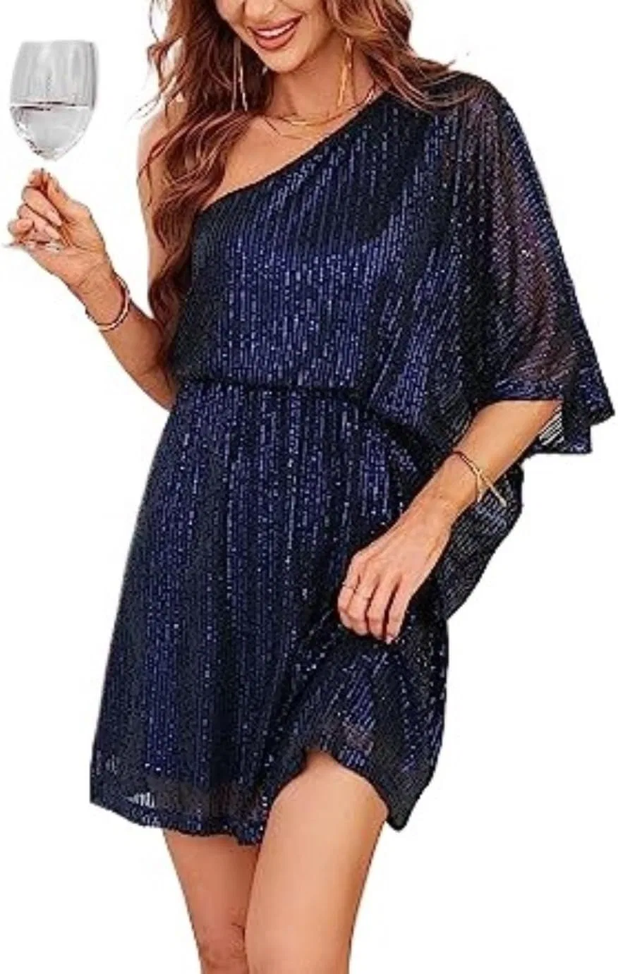 Женское сексуальное платье с одним плечом с пайетками, Dark Blue