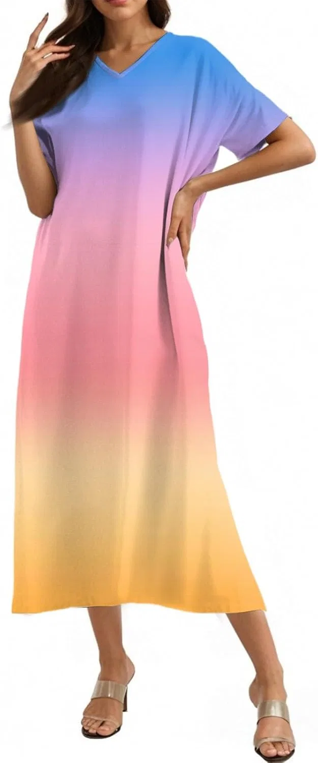 Женское макси-платье свободного кроя V-образным вырезом Cotton Linen, T22-pink — фото 4