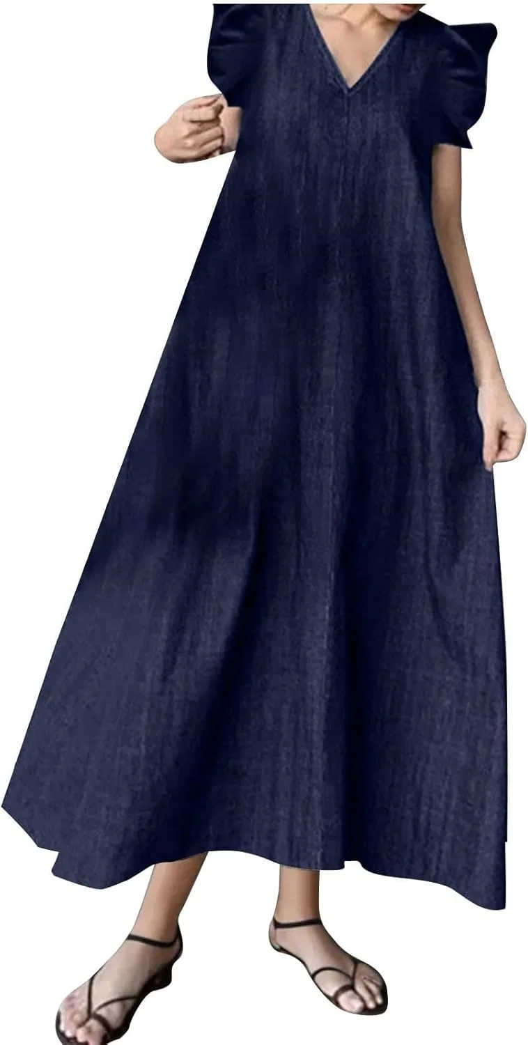 Женское джинсовое платье макси с V-образным вырезом и воланами, Dark Blue