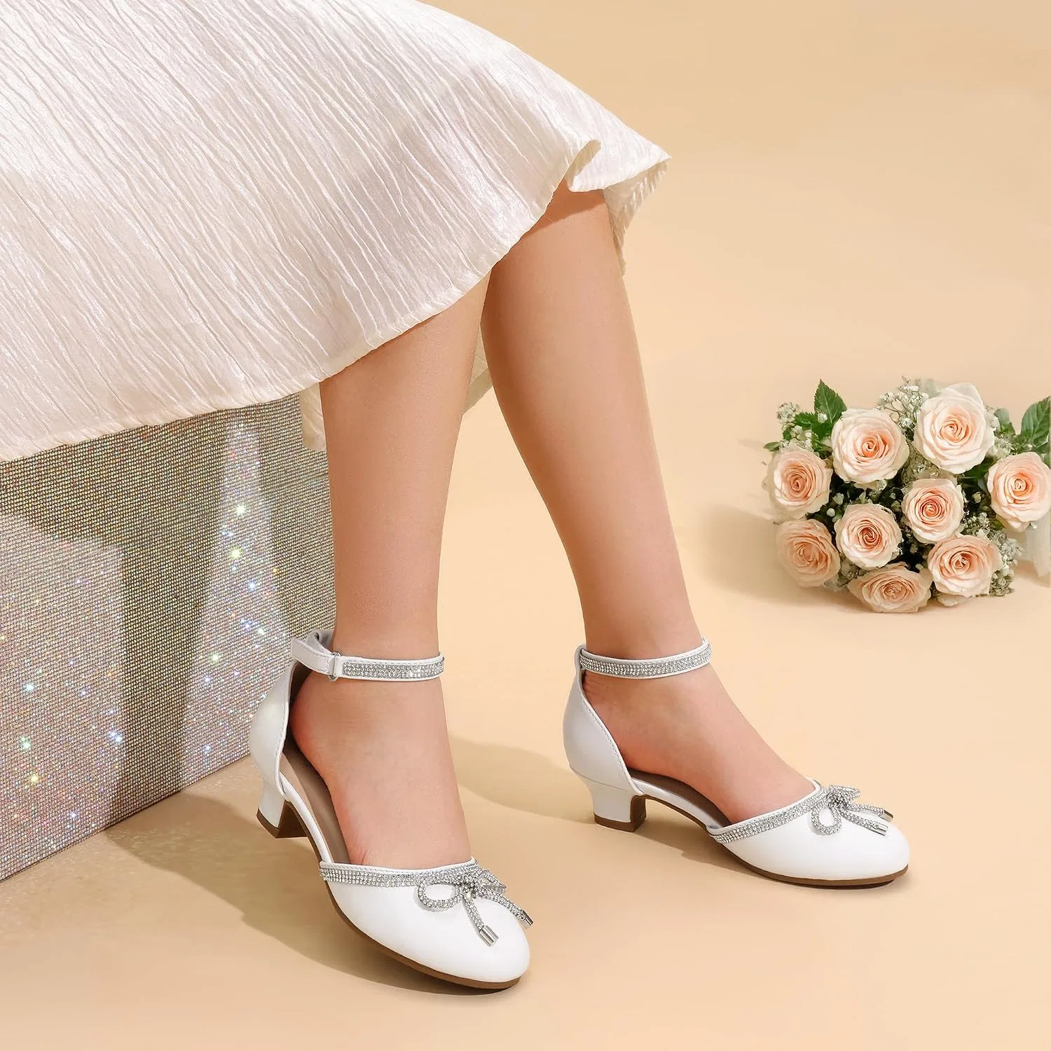 Детские туфли для девочек с блестками и бантом DREAM PAIRS, White — фото 2