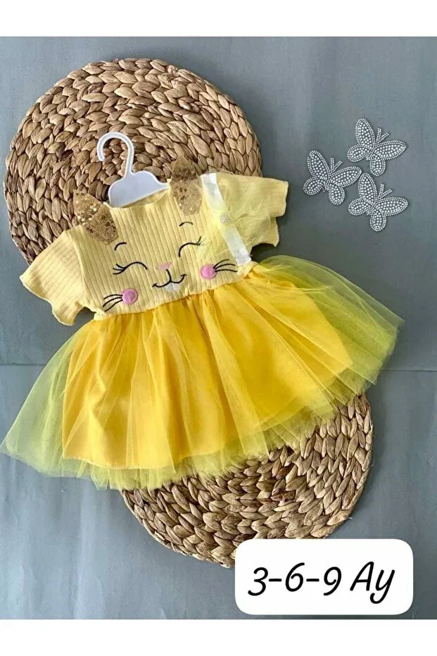 Детское платье для девочек с коротким рукавом Petite pompom rabbit baby girl tutu dress Lully Kids, Yellow