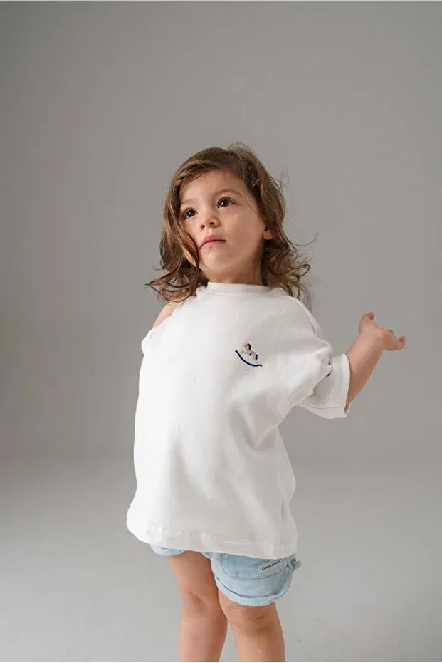 Детская футболка оверсайз с принтом Rocking Horse Embroidered, Elibaby, Navy Blue Embroidery