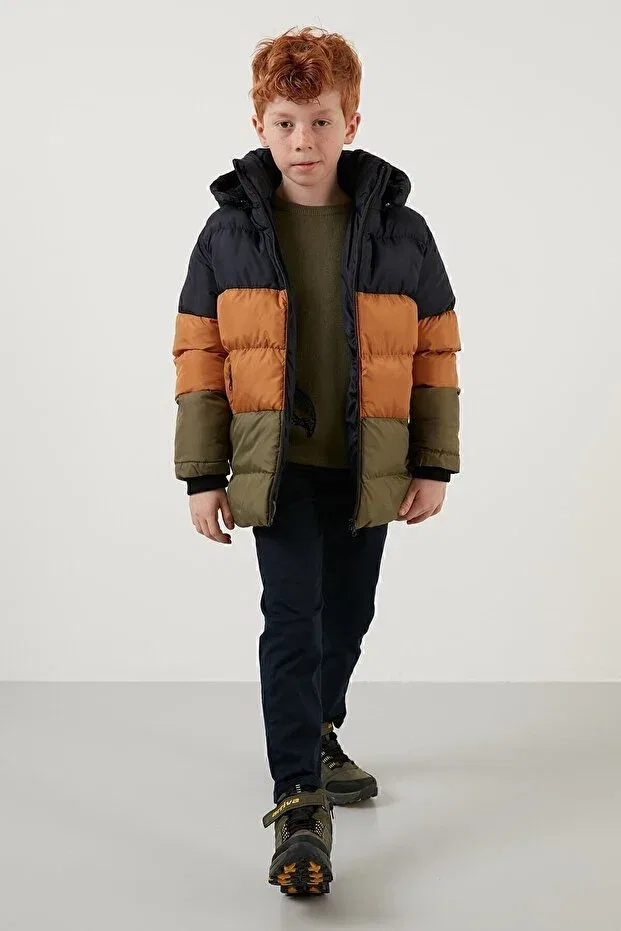 Детское пальто-пуховик для девочек с капюшоном Lela, Navy Blue-Taba-Khaki — фото 2
