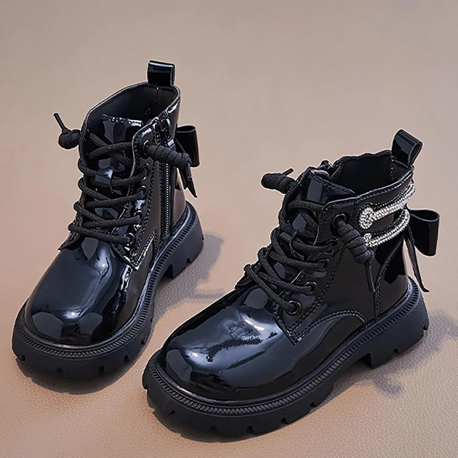 Детские ботинки для девочек с боковой молнией и шнуровкой, модель Combat Patent Ankle Dress Boots, Black — фото 4