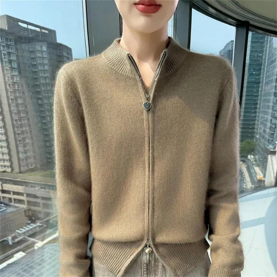 Женский кардиган на молнии из футера, Winter Fuzzy Knit, светло-коричневый — фото 2