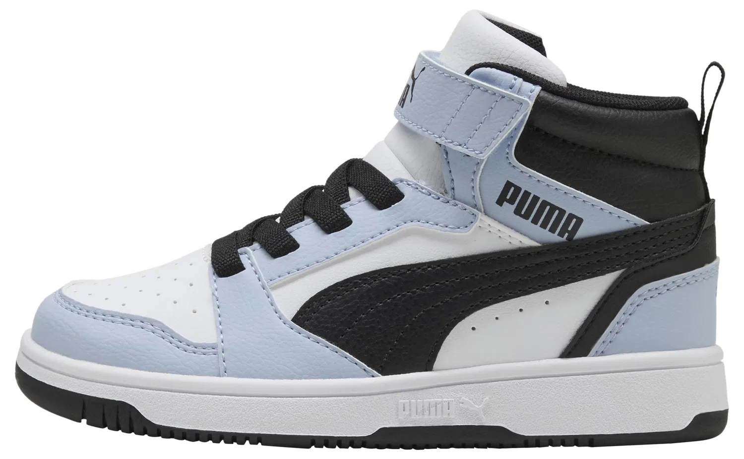 Детские кроссовки для мальчиков баскетбольные PUMA Rebound V6 Mid Ac+ Ps PUMA, Snow White Blue Mountain PUMA Black