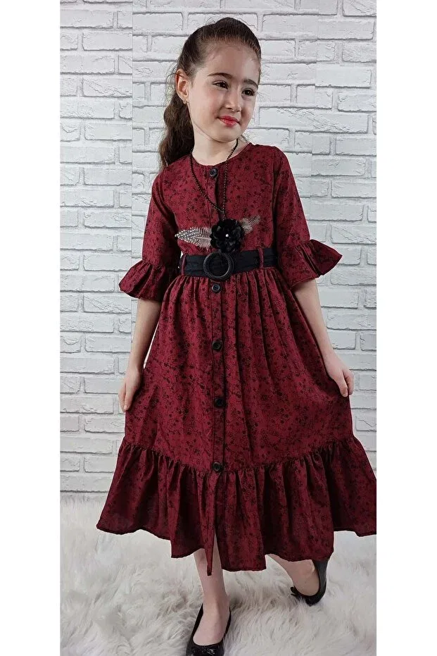Детское платье для девочек с принтом Vintage Basma Girls' Dress 0299 Mnk, Burgundy — фото 2