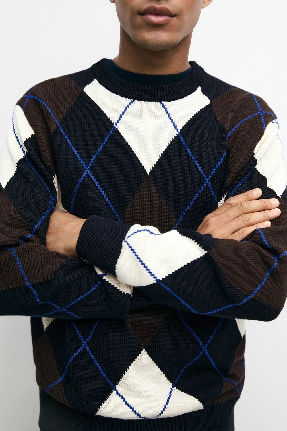 Свитер Massimo Dutti, хлопковый, ромбовидный узор, темно-синий — фото 4